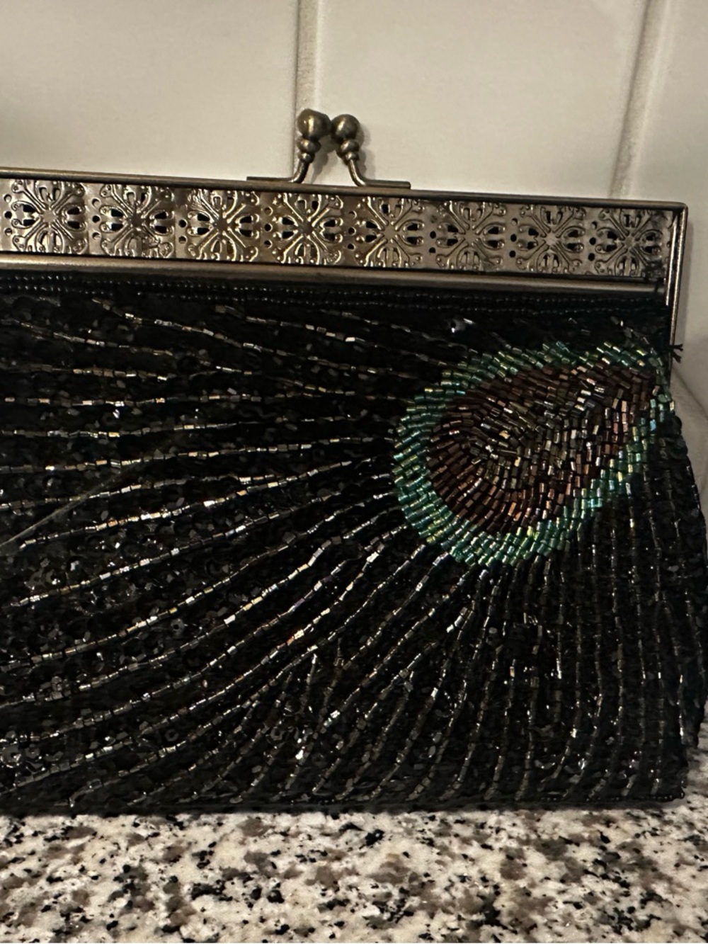 Beaded Black Evening Clutch with Peacock Accent